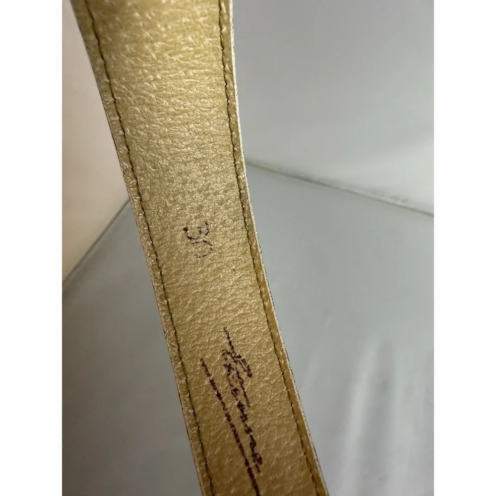 Etienne Aigner White Leather Belt Size 30 Ornate Brass Buckle Italy 1259 Vintage